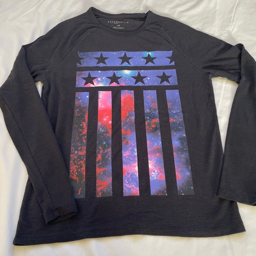 Aeropostale Long Sleeve Thermal Galaxy Print Flag Tee | #48